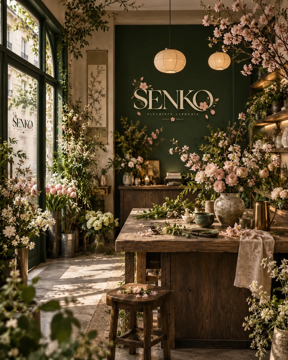 Boutique SENKO : mur vert, enseigne et branches de cerisier