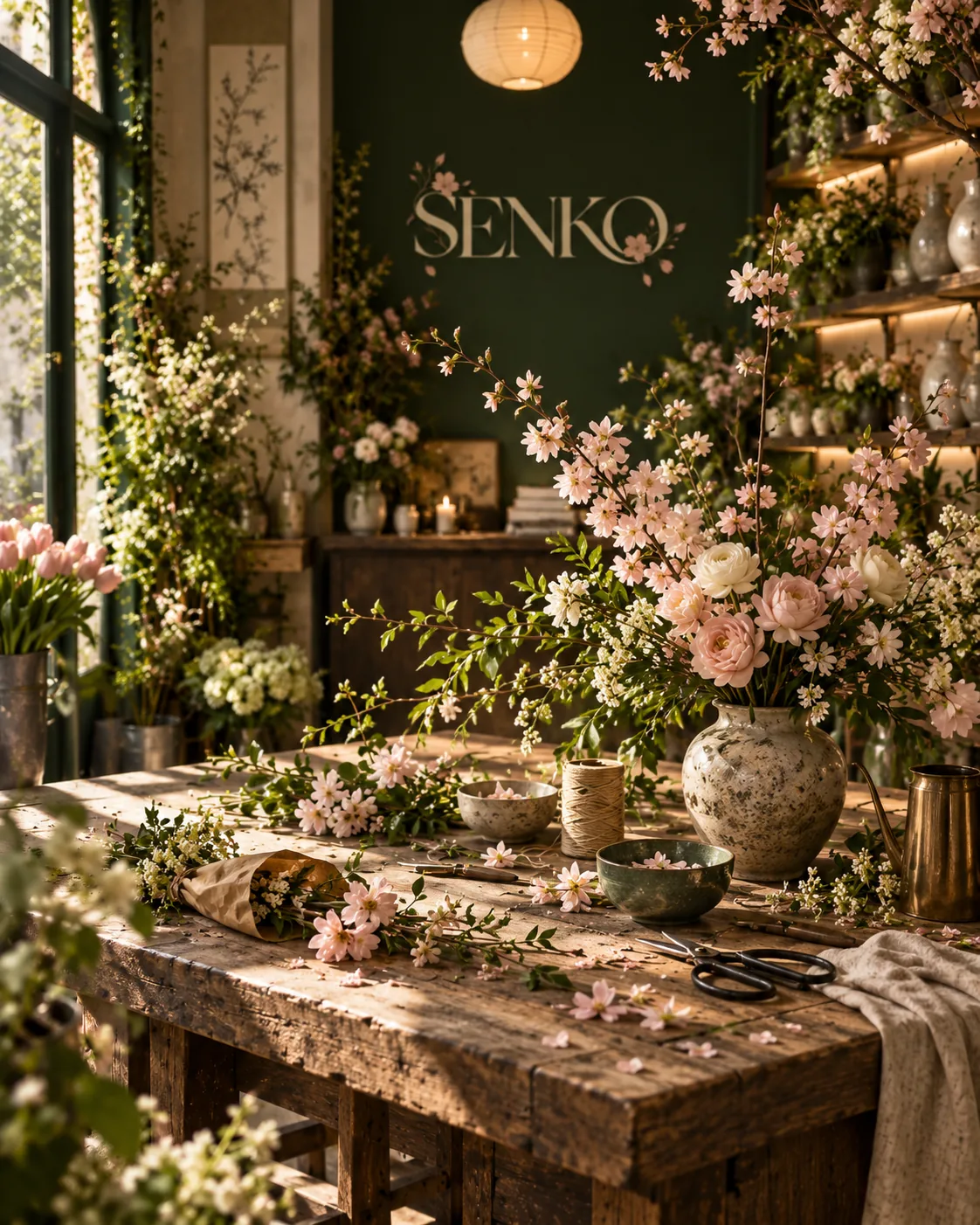 Devanture SENKO vue depuis la rue, enseigne et vitrine fleurie