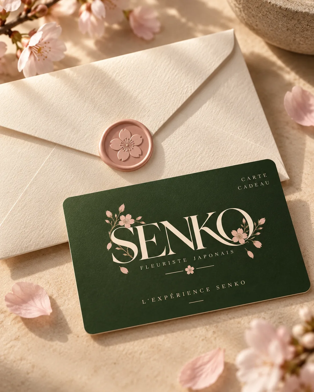 Carte cadeau SENKO posée sur un lit de pétales