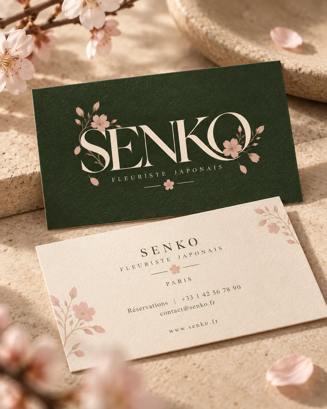 Cartes de visite SENKO, recto vert et verso crème
