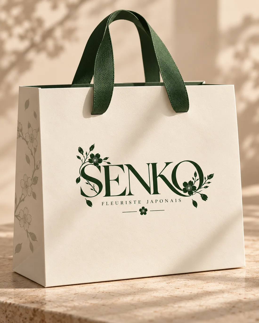 Sac SENKO en papier crème, logo vert et anse en ruban